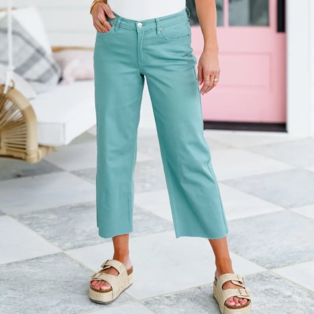 YMI High Rise Trouser Cropped Wide Leg Jeans in Mint Green